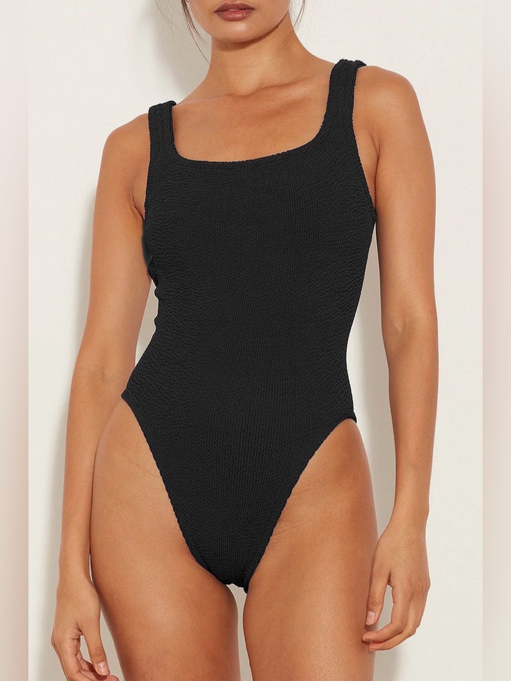 Hunza G Square Neck One Piece Crinkle Black Textured One-Piece Swimsuit One Size
